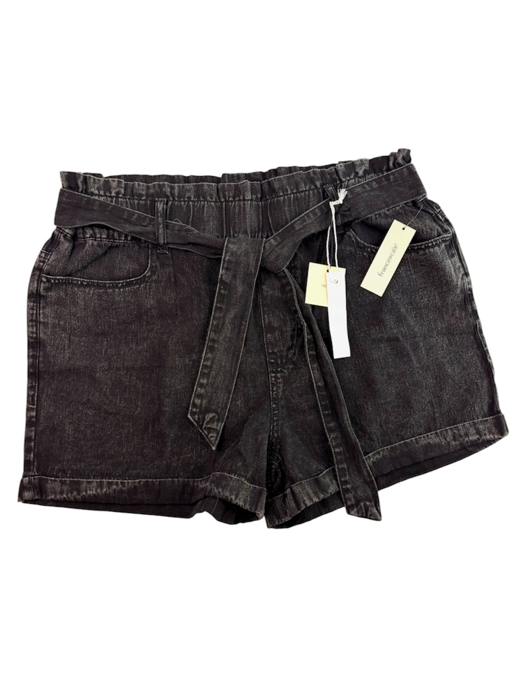NWT Francesca’s TGLA Black Acid‎ Wash Paperbag Waist Denim Tie Shorts (L)